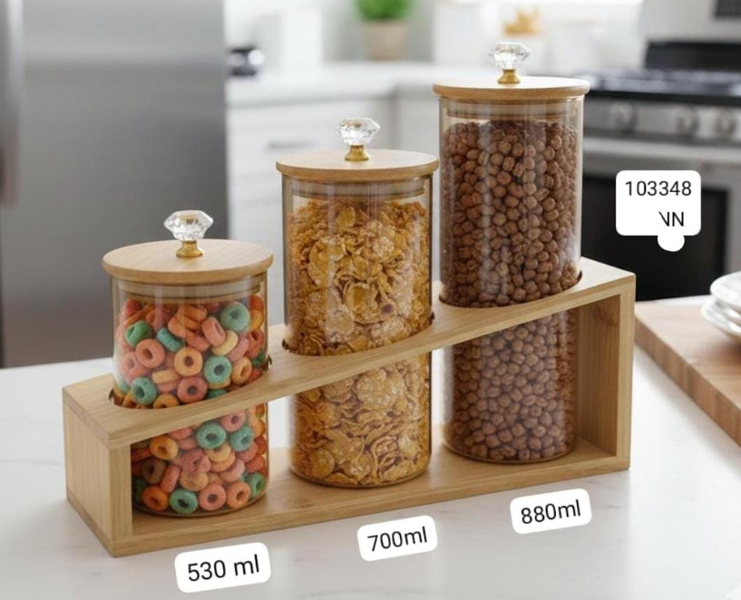 Set Of 3 Elegant Canister Set, Glass Jar Set With Wooden Stand, Airtight Dry Food Glass Jar With Bamboo Lid