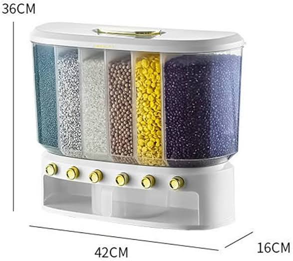 10KG Wall Mounted Cereal Dispenser, Large 6 Compartment Cereal Dispenser, Rice Storage Dispenser