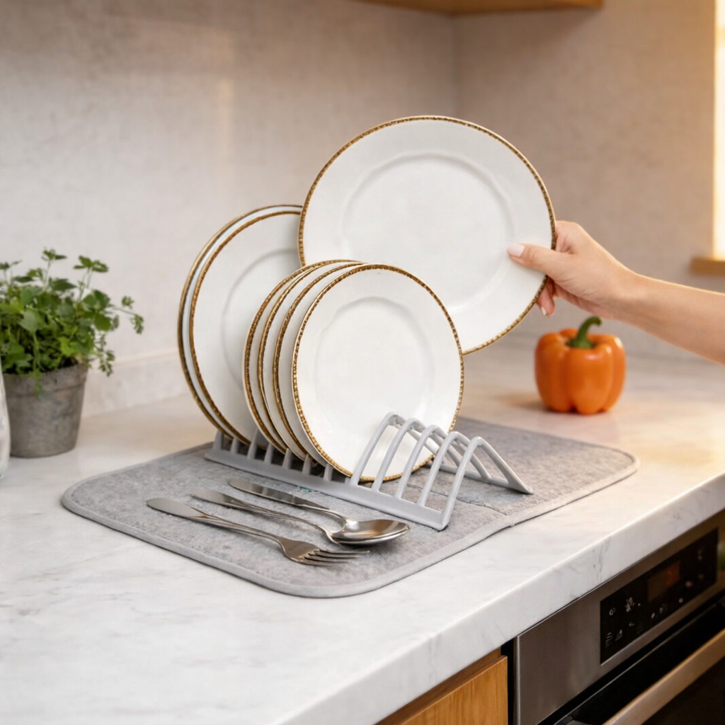2 In 1 Dish Drying Mat, Foldable Dish Drying Rack, Kitchen Countertop Drying Mat, Non Slip Waterproof Dish Drying Rack