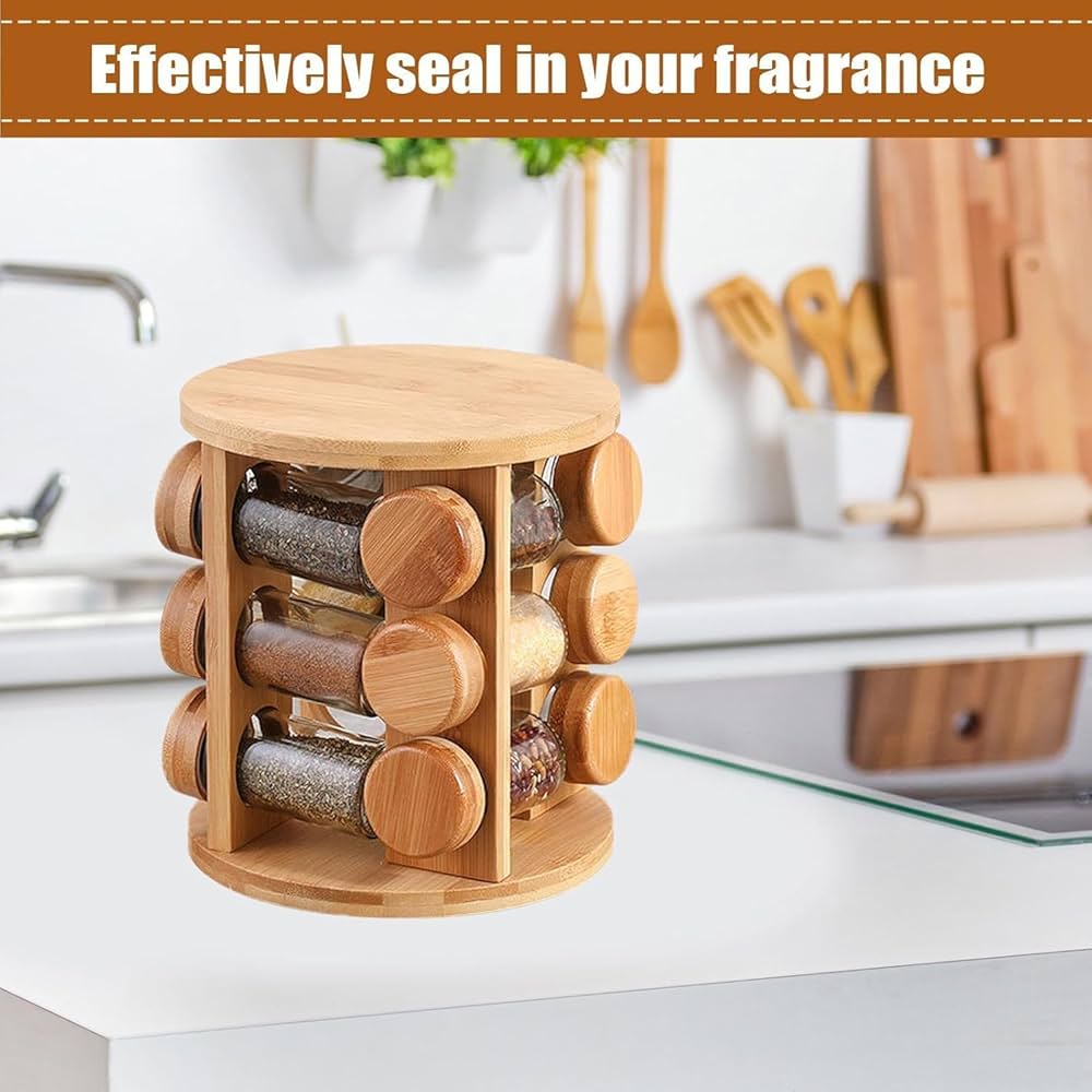 360° Rotating Wooden Spice Jar Organizer, Round Shape Kitchen Masala Rack with Jars Set, Spice Jar Stand, Kitchen Storage Organizer