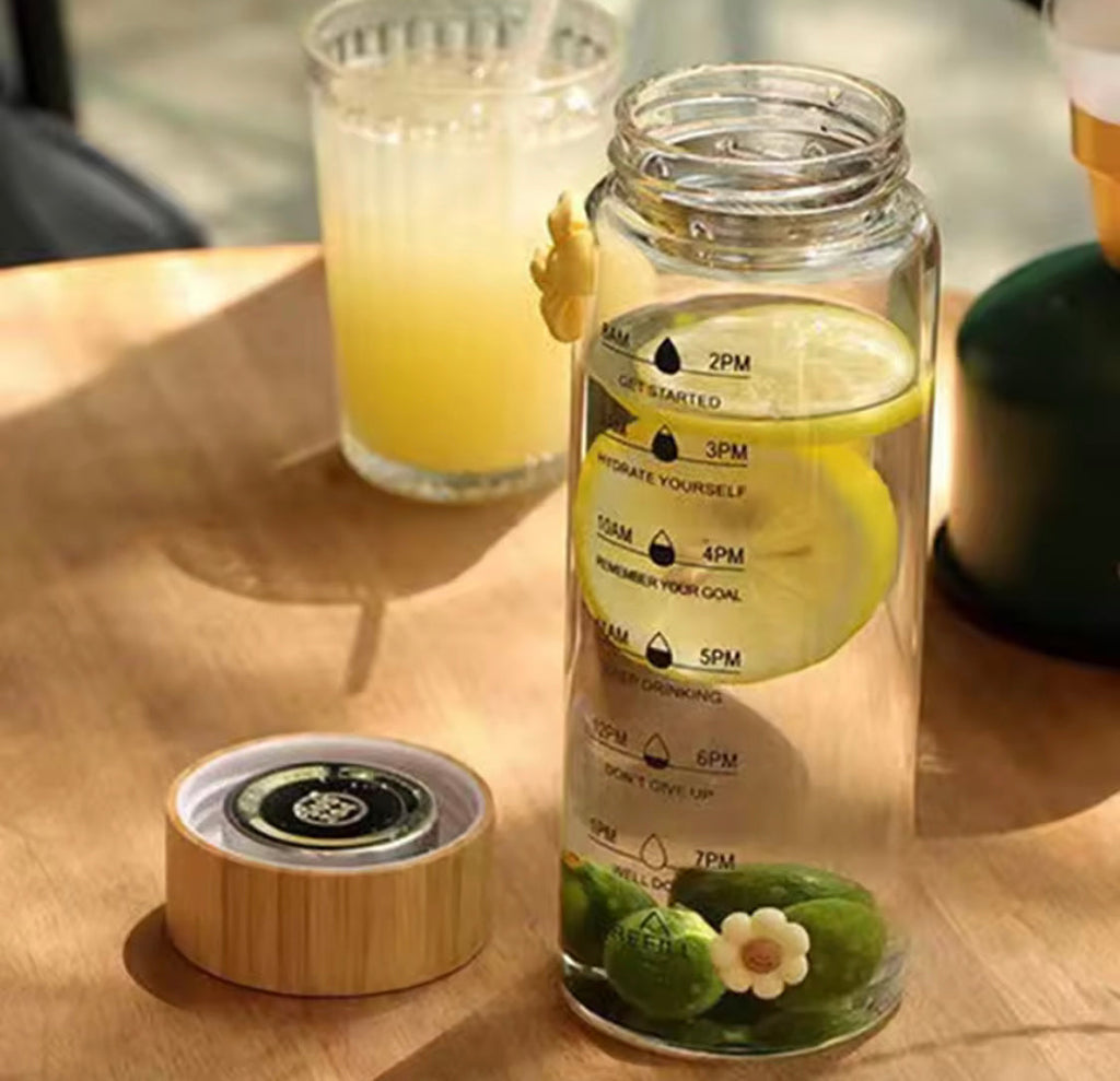 Transparent Glass Water Bottle With Wooden Lid, Airtight Glass Juice Bottle, Portable Water Glass Bottle