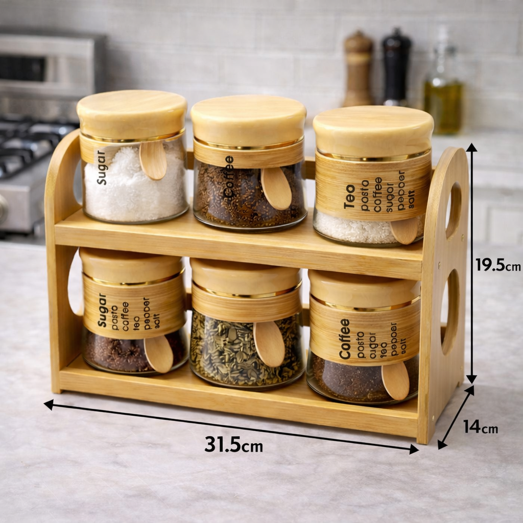 6 Pcs Glass Jar Set with Bamboo Rack, Seasoning Bottle Spice Jars, Coffee Tea Sugar Pot, Multifunctional Leak Proof Transparent Wide Caliber Canister, Multifunction, Kitchen Cereal Dispenser