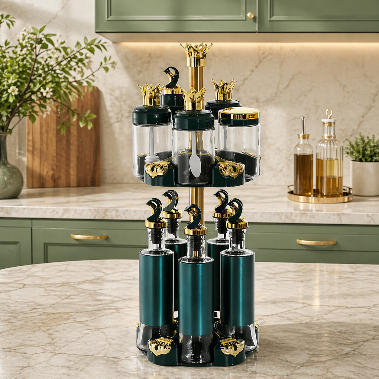 Luxury Spice Organizer Stand, Rotating Oil And Spice Dispenser Set, Premium Oil And Spice Storage Set, All In One Spice And Oil Station