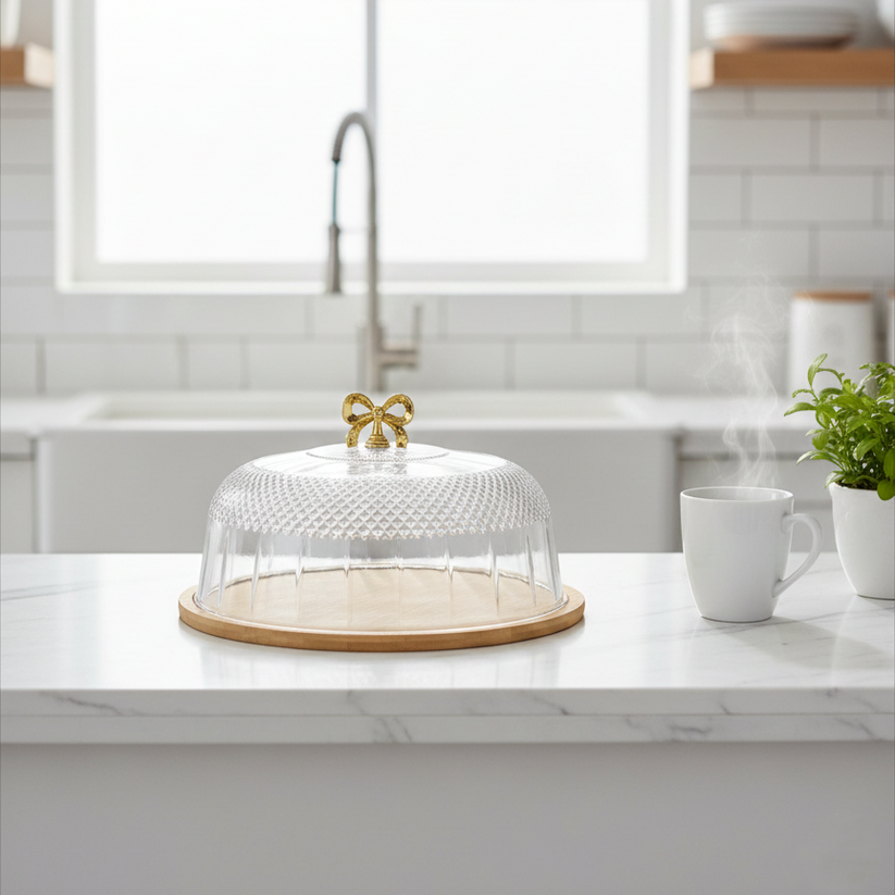 Cake Dish With Acrylic Cover, Luxury Acrylic Cake Dome, Bamboo Base With Acrylic Lid, Fancy Cake Dish With Acrylic Lid