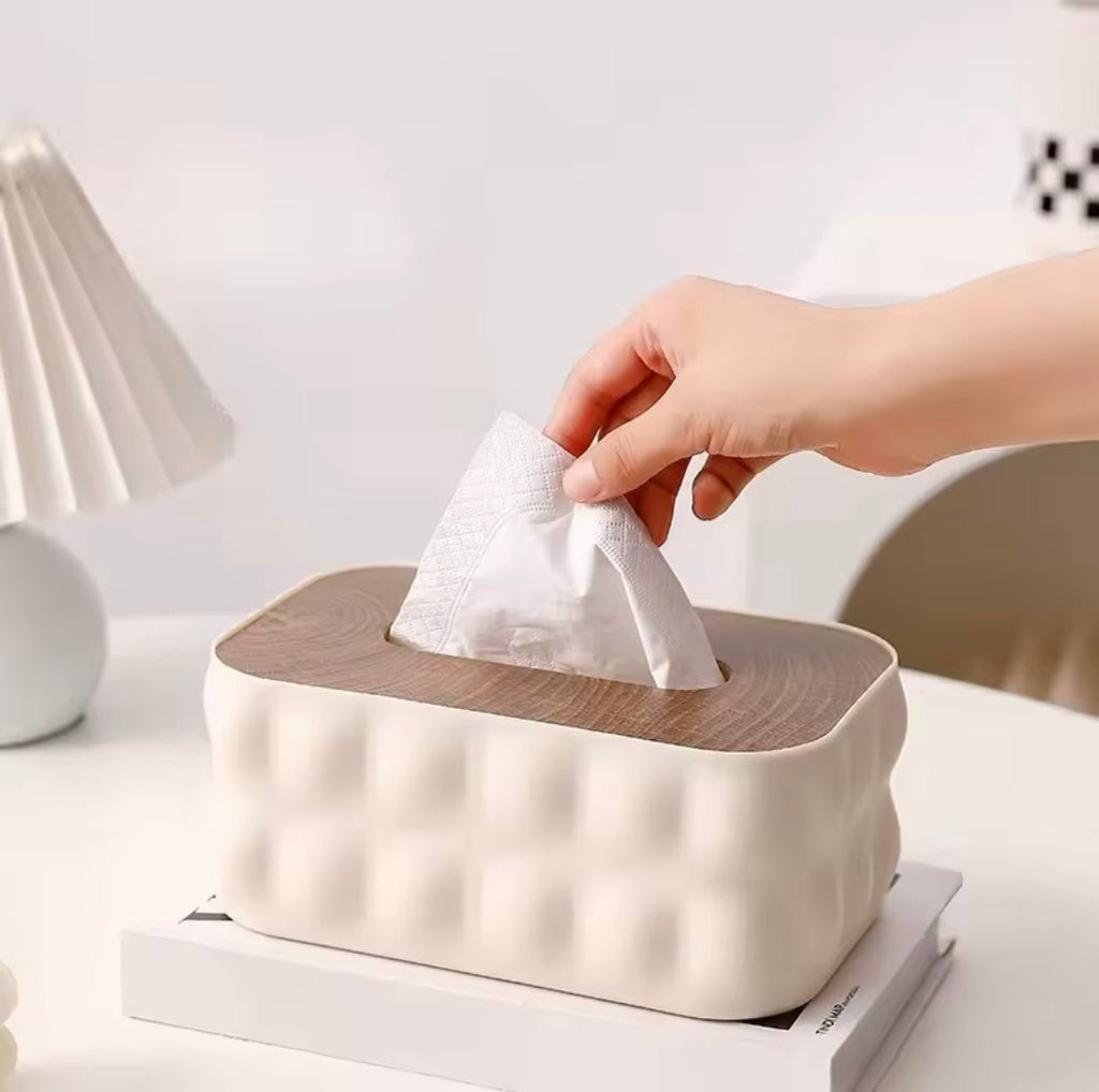 Premium Decorative Tissue Holder, Solid Square Shape Tissue Box, Napkin Holder With Wooden Lid, Office Desk Tissue Organizer