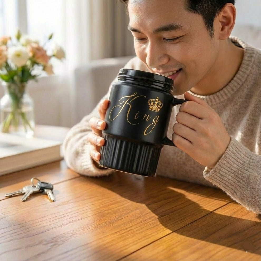 King Queen Mugs With Mirror Lid, Ceramic Coffee Mug