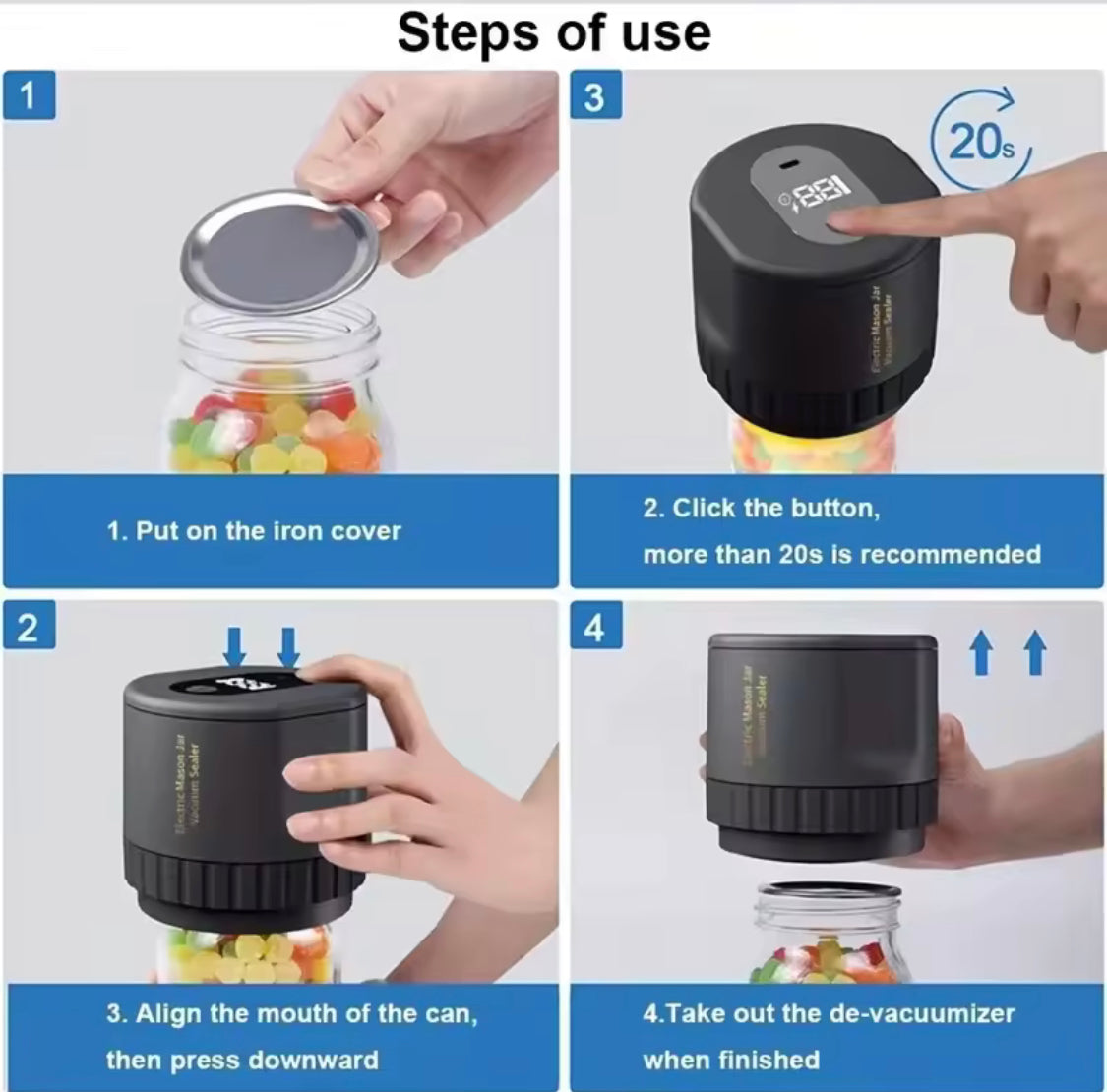 Automatic Electric Vacuum Sealer, One Press Vacuum Sealer Jar, Cordless Electric Vacuum Sealer