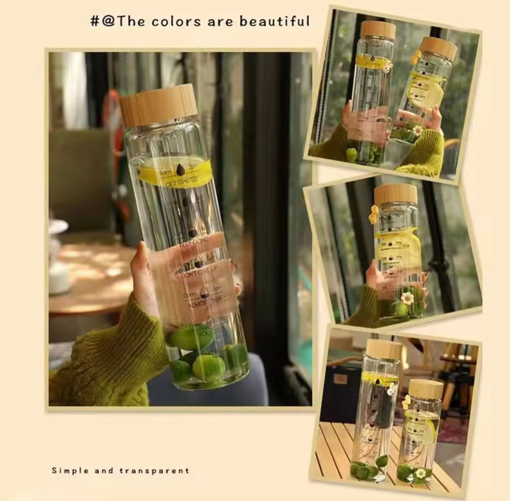 Transparent Glass Water Bottle With Wooden Lid, Airtight Glass Juice Bottle, Portable Water Glass Bottle