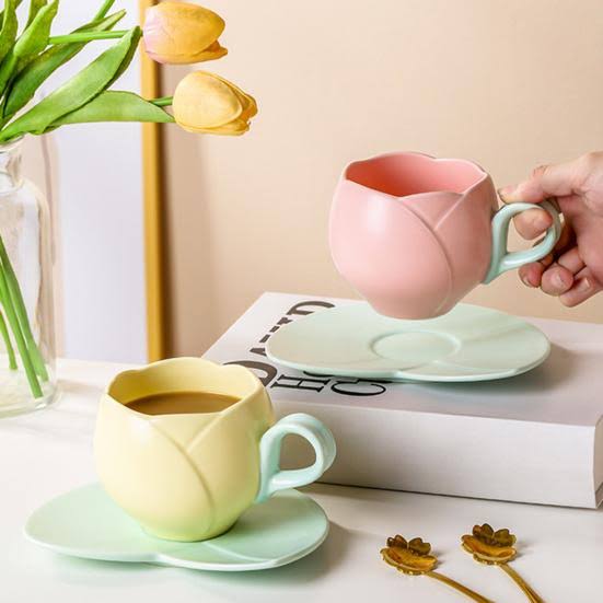 Tulip Ceramic Coffee Cup, Flower Shaped Tea Cup, Flower Coffee Cup With Saucer, Coffee Glass