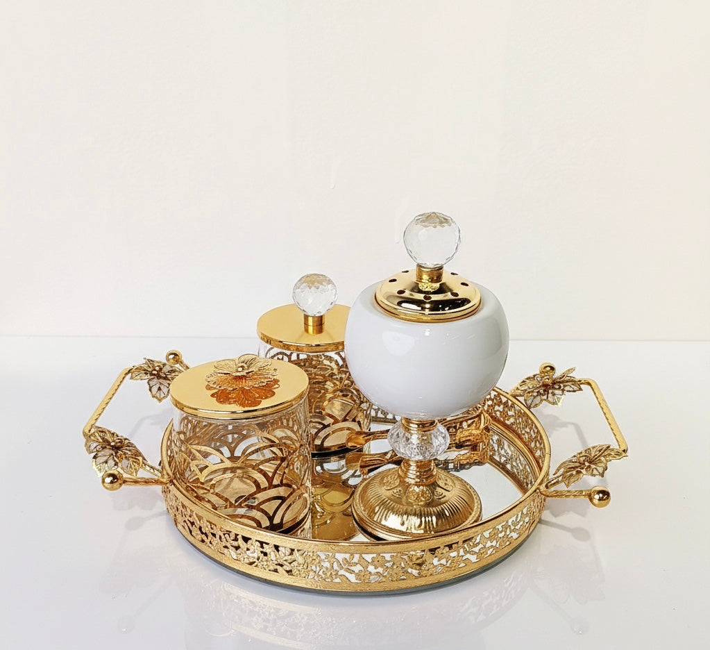 Arabic Metal Incense Burner Set, Decorative Tray with Ornate Incense Holders, Aromatherapy and Home Decor