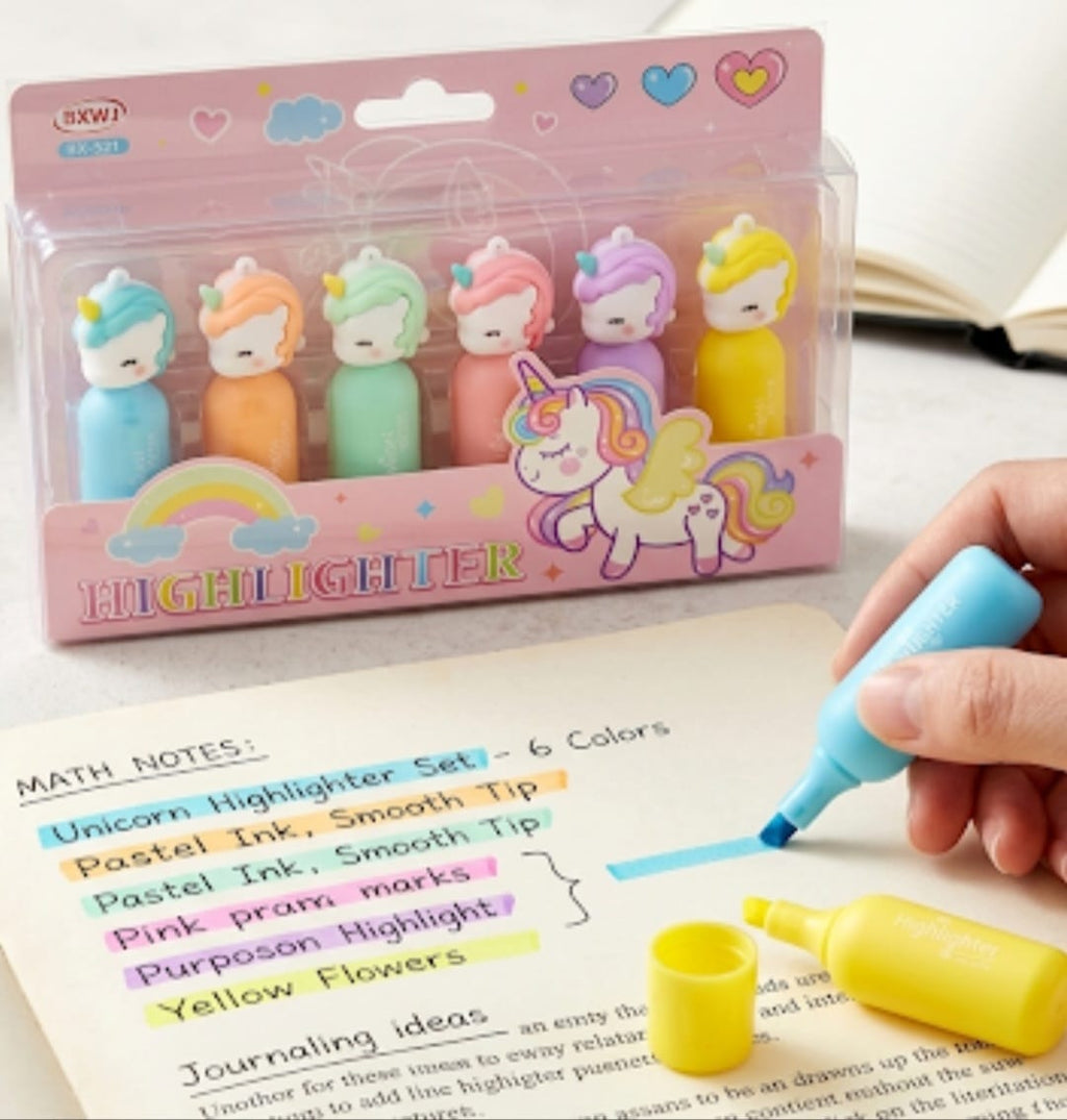 Set Of 6 Unicorn Highlighters, Cute Unicorn Highlighter Markers, Kids Unicorn Color Markers, Unicorn Highlighter Pens