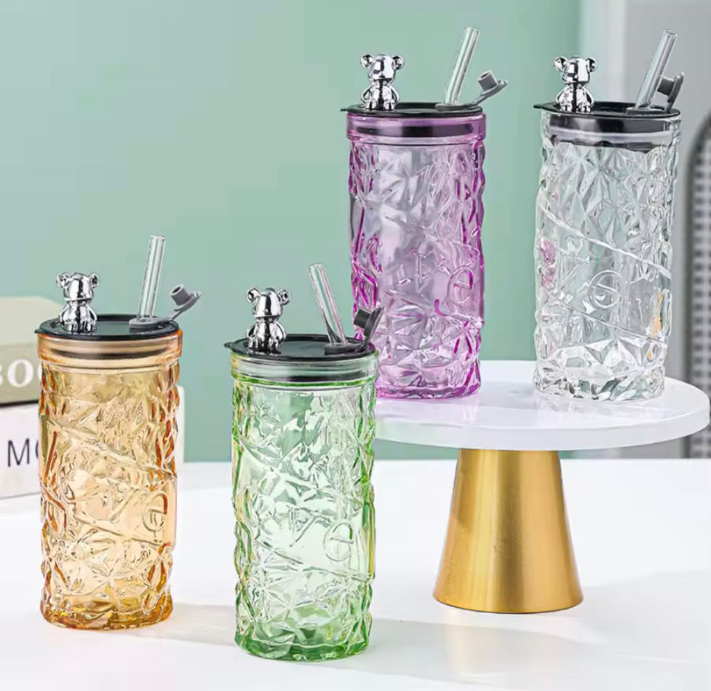 Luxury Bear Cap Transparent Glass Water Cup, Women Coffee Cup With Lid And Straw, European Style Vintage Milk Cup