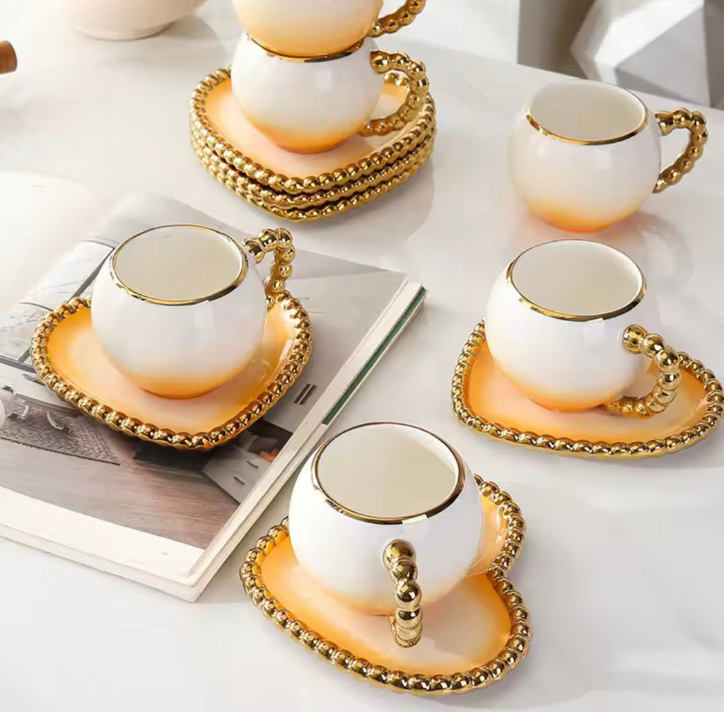 Heart Shaped Porcelain 
Cup And Saucer, Elegant Gold Rim Ceramic Coffee Mug, 250ml Turkish Tea Cup (1pc)