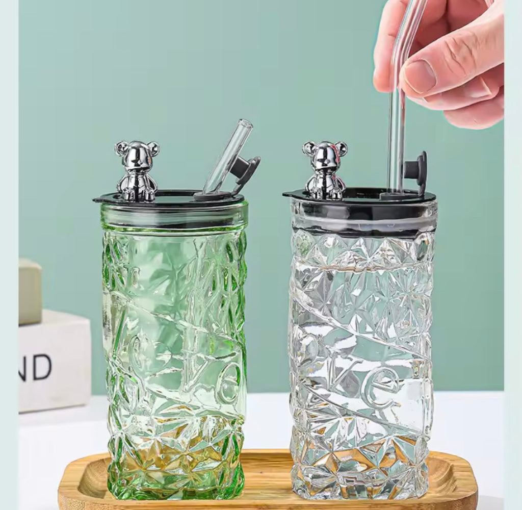 Luxury Bear Cap Transparent Glass Water Cup, Women Coffee Cup With Lid And Straw, European Style Vintage Milk Cup