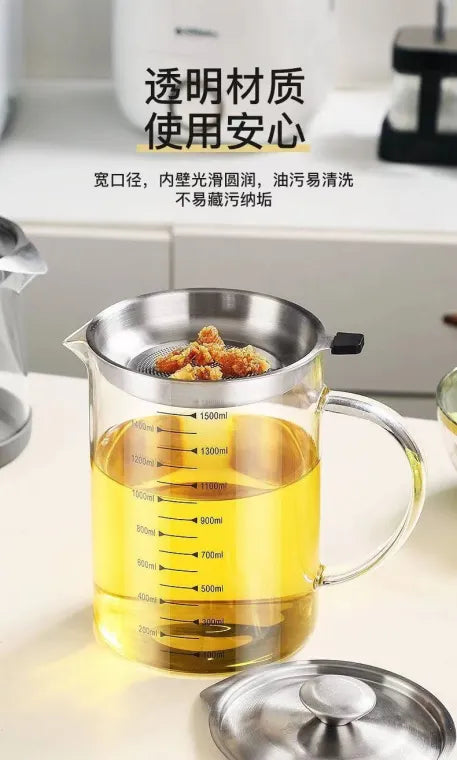 1200ml High Borosilicate Glass Oil Filtering Pot, Large Capacity Oil Storage Tank, Oil Separator Glass Pot
