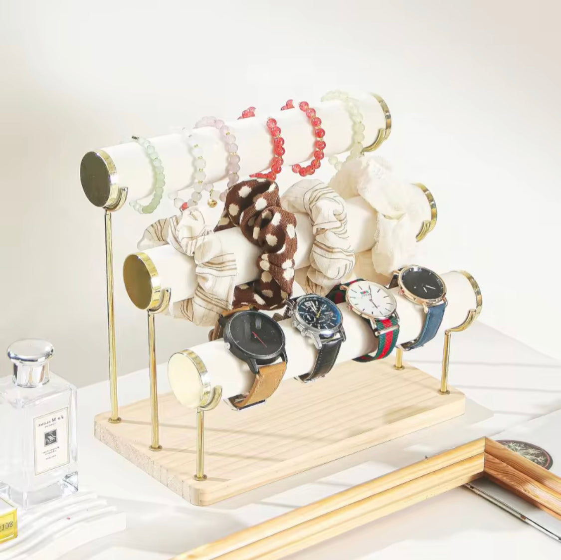 Detachable Bracelet And Bangle Organizer, PU Leather Velvet Jewelry Organizer, Multi Layer Bracelet Organizer Rack, Countertop Bracelet Iron Rack