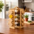 Rotatable Wooden Spice Jar With Handle, Kitchen Masala Rack with Jars Set, Spice Jar Stand, Kitchen Storage Organizer