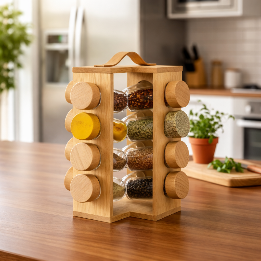 Rotatable Wooden Spice Jar With Handle, Kitchen Masala Rack with Jars Set, Spice Jar Stand, Kitchen Storage Organizer