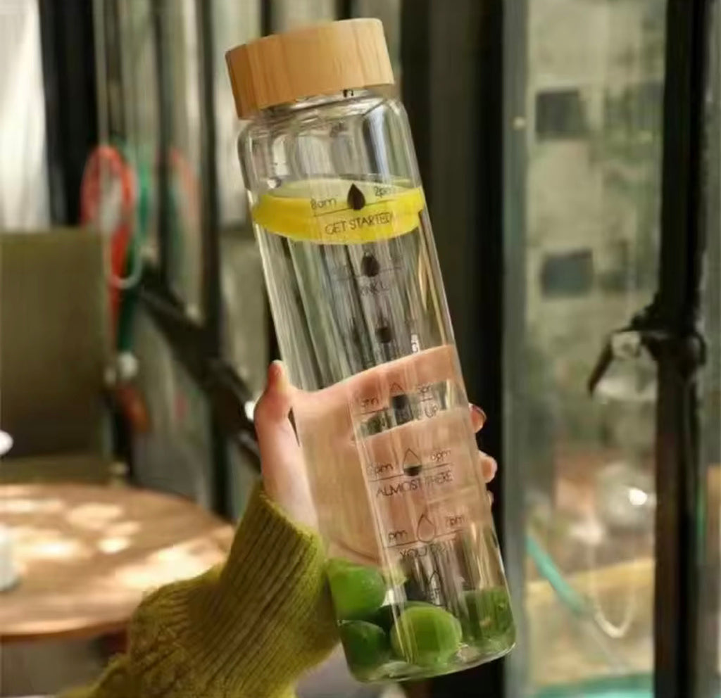 Transparent Glass Water Bottle With Wooden Lid, Airtight Glass Juice Bottle, Portable Water Glass Bottle