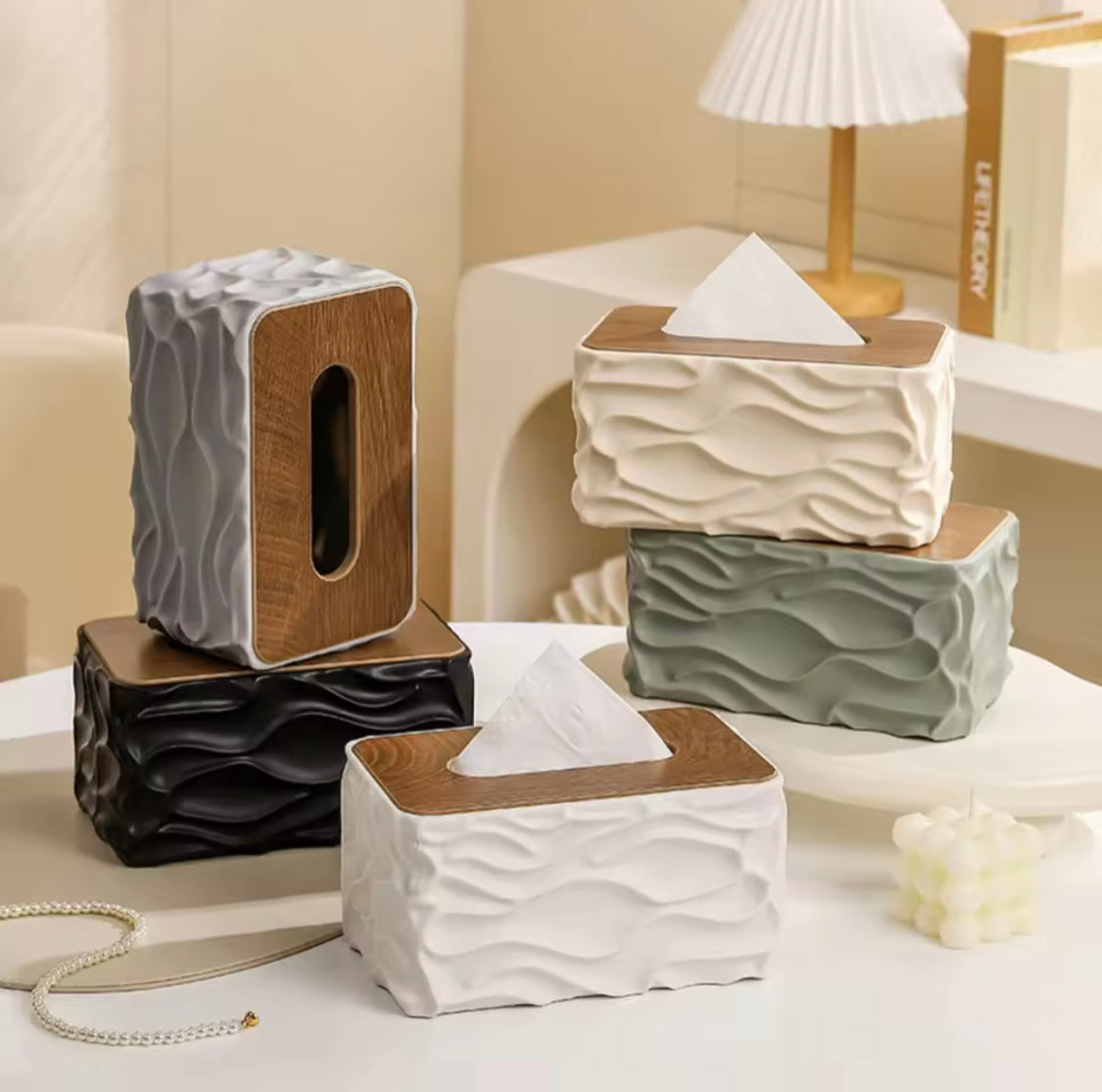 Nordic Tissue Holder, Dustproof Tissue Holder With Wooden Lid, Durable Large Capacity Tissue Holder