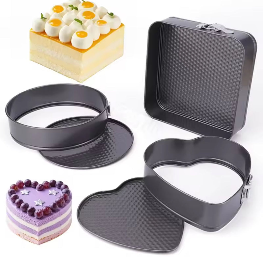 Set Of 3 Carbon Steel Cake Molds, Round Heart Square Cake Pan Set, Non Stick Metal Baking Accessories, Cake Decorations Tools
