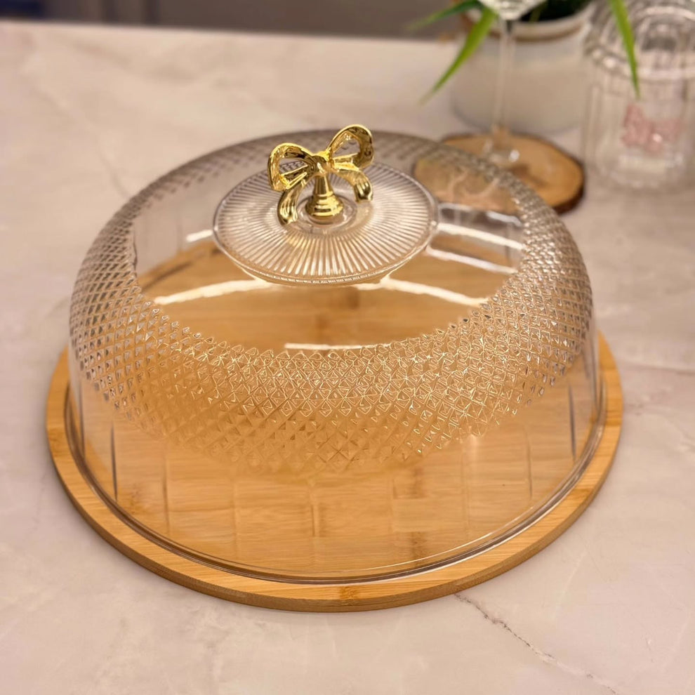 Cake Dish With Acrylic Cover, Luxury Acrylic Cake Dome, Bamboo Base With Acrylic Lid, Fancy Cake Dish With Acrylic Lid