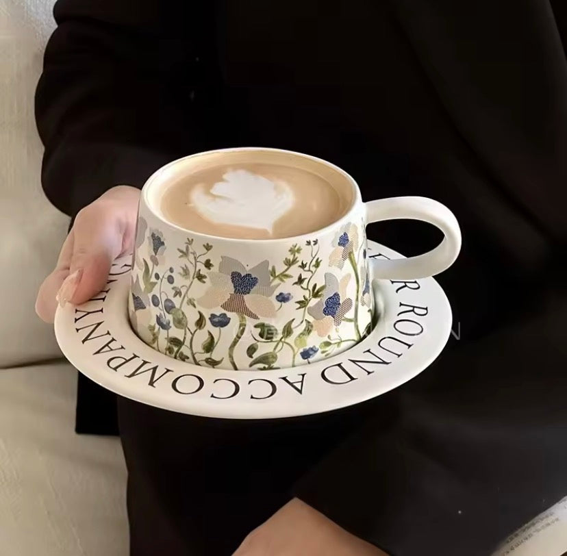 Vintage Painting Style Ceramic Mug With Saucer, Ceramic Cup With Steel Spoon, 1Pc Coffee Glass