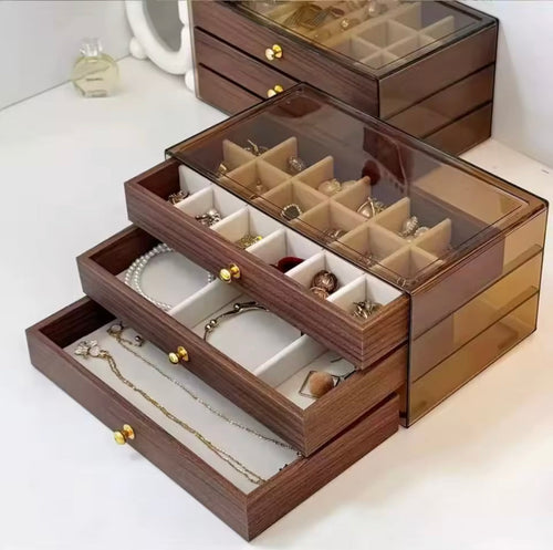 3 Layer Wooden Jewelry Organizer, Multi Layer Large Capacity Jewelry Box, Vintage Style Jewelry Storage Box