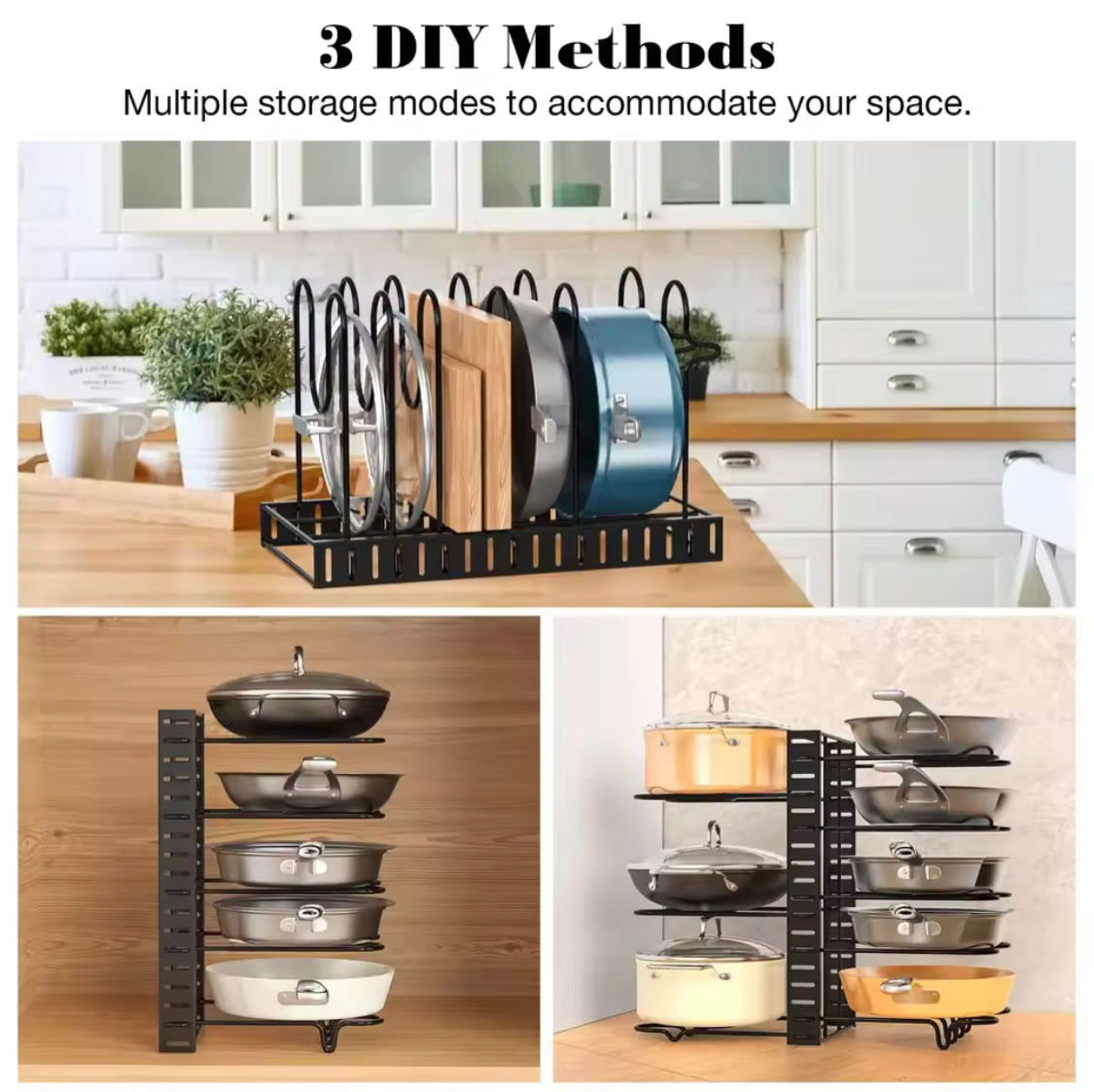 Adjustable Pan Rack Organizer, Heavy Duty Pot Rack, Multilayer Countertop Pan Shelf, Adjustable Cabinet Under Sink Pan Rack