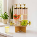 3 In 1 Rotating Glass Beverage Dispenser With Deer Lid,  High Borosilicate Beverages Dispenser With 3 Tap, Glass Beverage Dispenser Set with Stand, Tabletop Beverage And Water Dispenser, Water Storage Glass Dispenser, Beverage Storage Jar