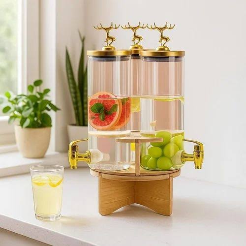 3 In 1 Rotating Glass Beverage Dispenser With Deer Lid,  High Borosilicate Beverages Dispenser With 3 Tap, Glass Beverage Dispenser Set with Stand, Tabletop Beverage And Water Dispenser, Water Storage Glass Dispenser, Beverage Storage Jar