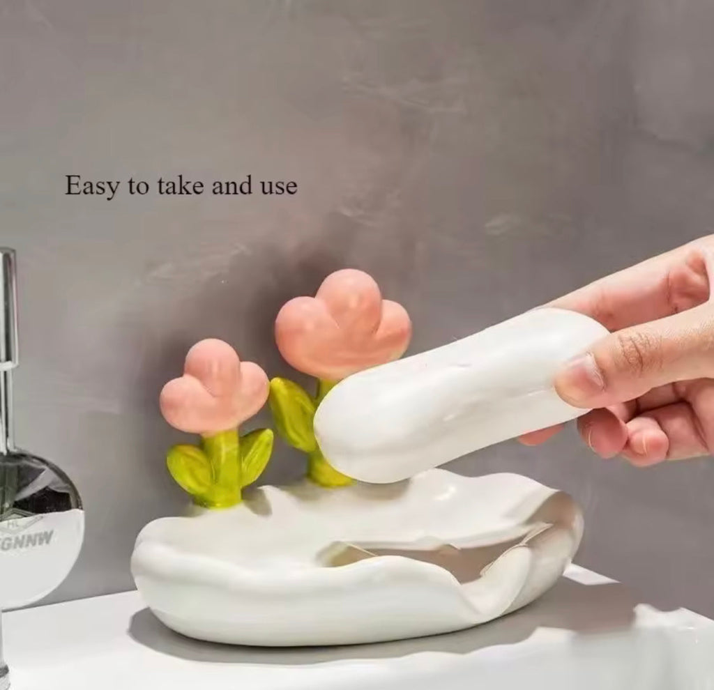Tulip Shaped Floral Soap Box, Bathroom Decor Soap Holder With Drain Holes, Bathroom Kitchen Sink Countertop Soap Box