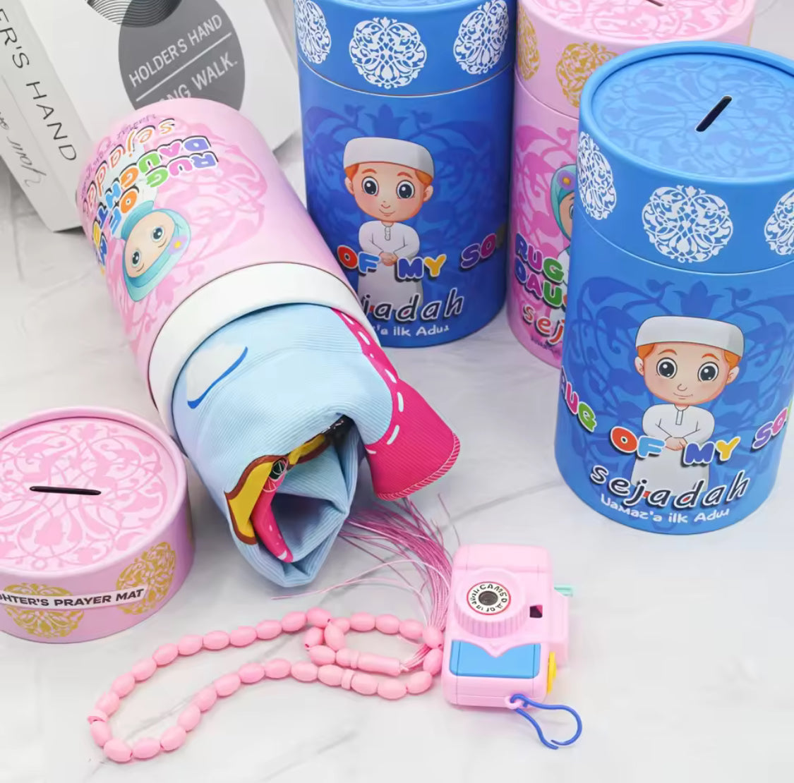 Kids Janamaz Rug With Gift Box, Children Prayers Mat With Tasbeh, Islamic Gifts Set With Prayers Beads With Coin Box, Kids Camera, Travel Prayer Mat