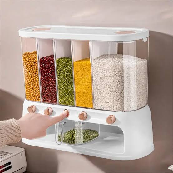10KG Wall Mounted Cereal Dispenser, Large 6 Compartment Cereal Dispenser, Rice Storage Dispenser