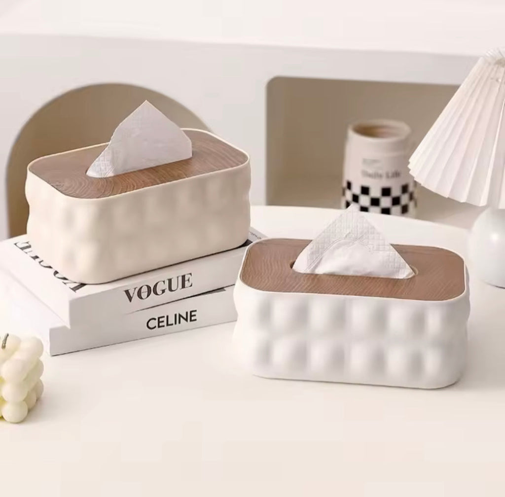 Premium Decorative Tissue Holder, Solid Square Shape Tissue Box, Napkin Holder With Wooden Lid, Office Desk Tissue Organizer