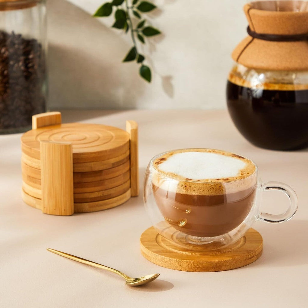 7Pcs Bamboo Coasters, Household Drink Cup Pads Protection, Tea Cup Table Holder