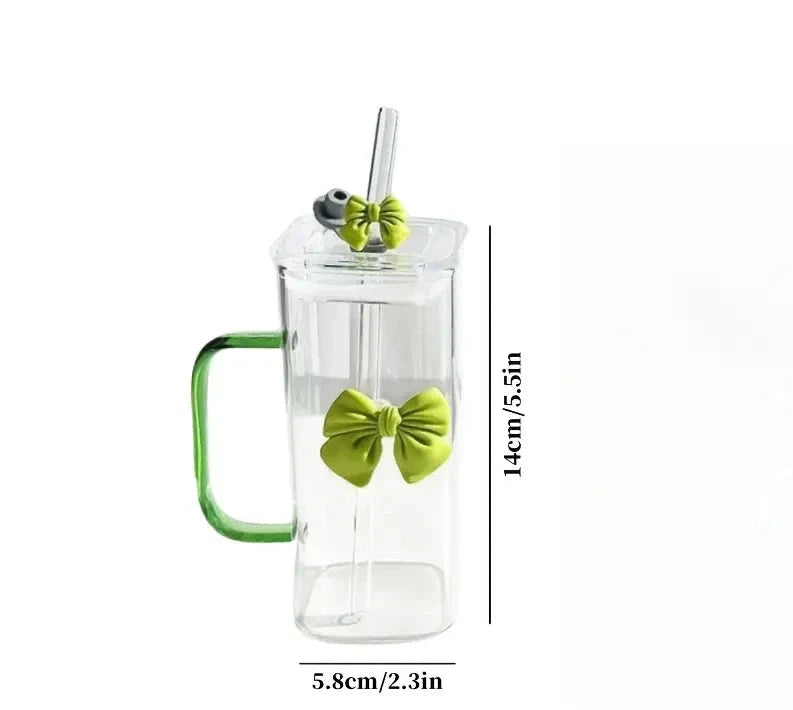 450ml Bow Glass With Lid And Straw, Elegant Square Glass Tumbler, Cute Transparent Mug With Handle