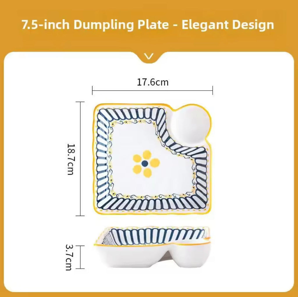 Ceramic Plate With Sauce Compartment, Dumpling Plate With Vinegar Dish, Japanese Style Serving Dish