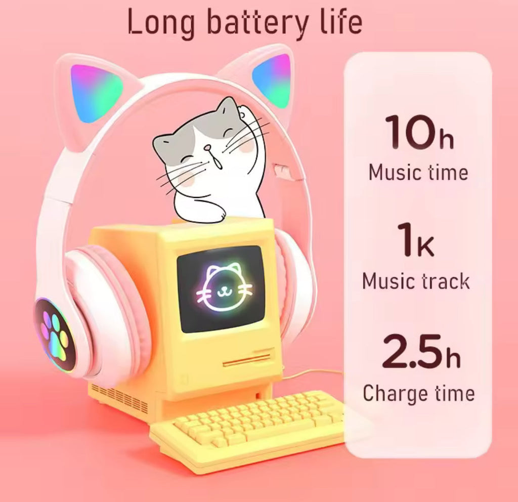 LED Cute Cat Ears Headphones, RGB Wireless Headphones, Sports Gaming Headset