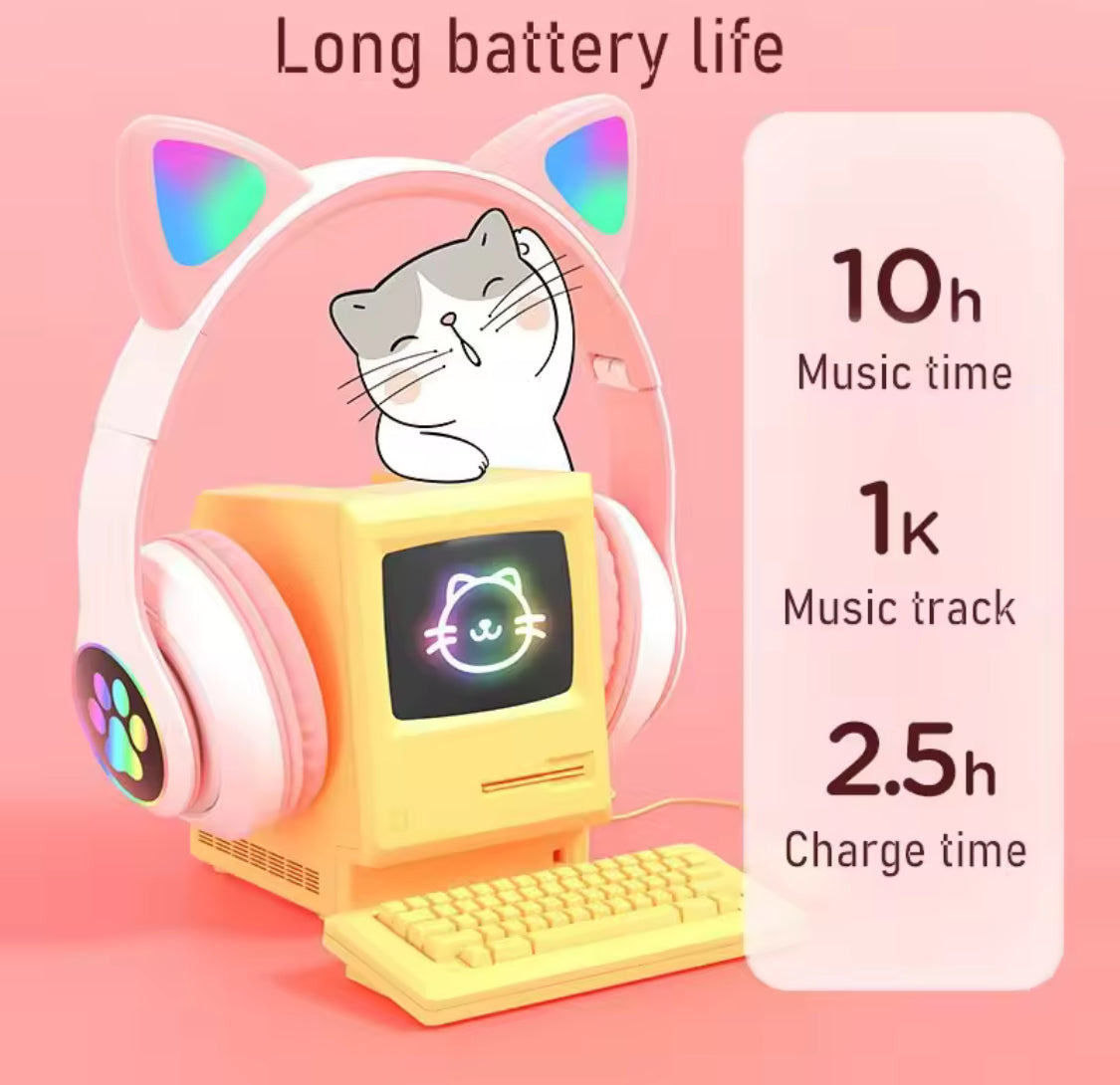 LED Cute Cat Ears Headphones, RGB Wireless Headphones, Sports Gaming Headset