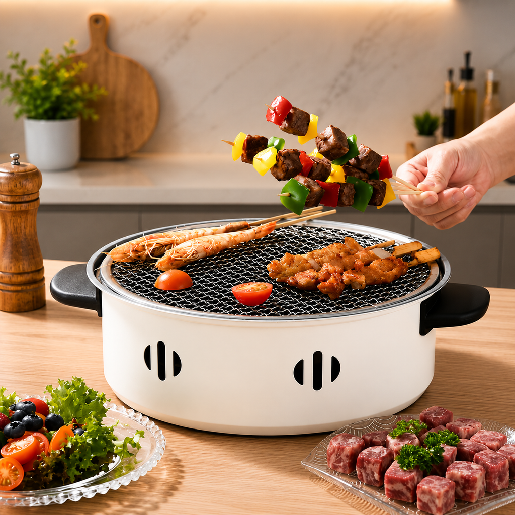 Portable Barbecue Stove With Coal Grill, Tabletop BBQ Grill Pan, Round Non Stick Barbecue Rack, Outdoor Camping Barbecue Stove, Korean Charcoal Stove, Stainless Steel Split Barbecue Grill