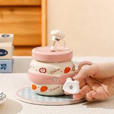 Cute Animal Ceramic Mug With Lid, Cartons coffee Cup (1 Pc)