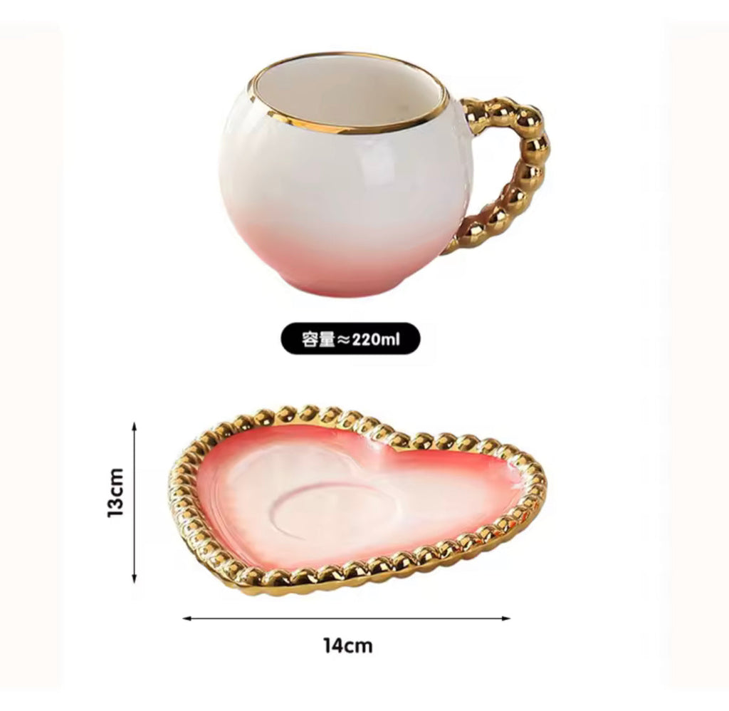 Heart Shaped Porcelain 
Cup And Saucer, Elegant Gold Rim Ceramic Coffee Mug, 250ml Turkish Tea Cup (1pc)