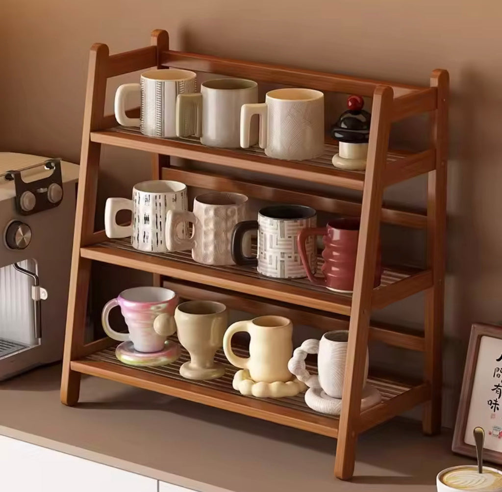 3 Tier Bamboo Cup Rack, Desktop Spice Organizer, Multipurpose Makeup Vanity Organizer