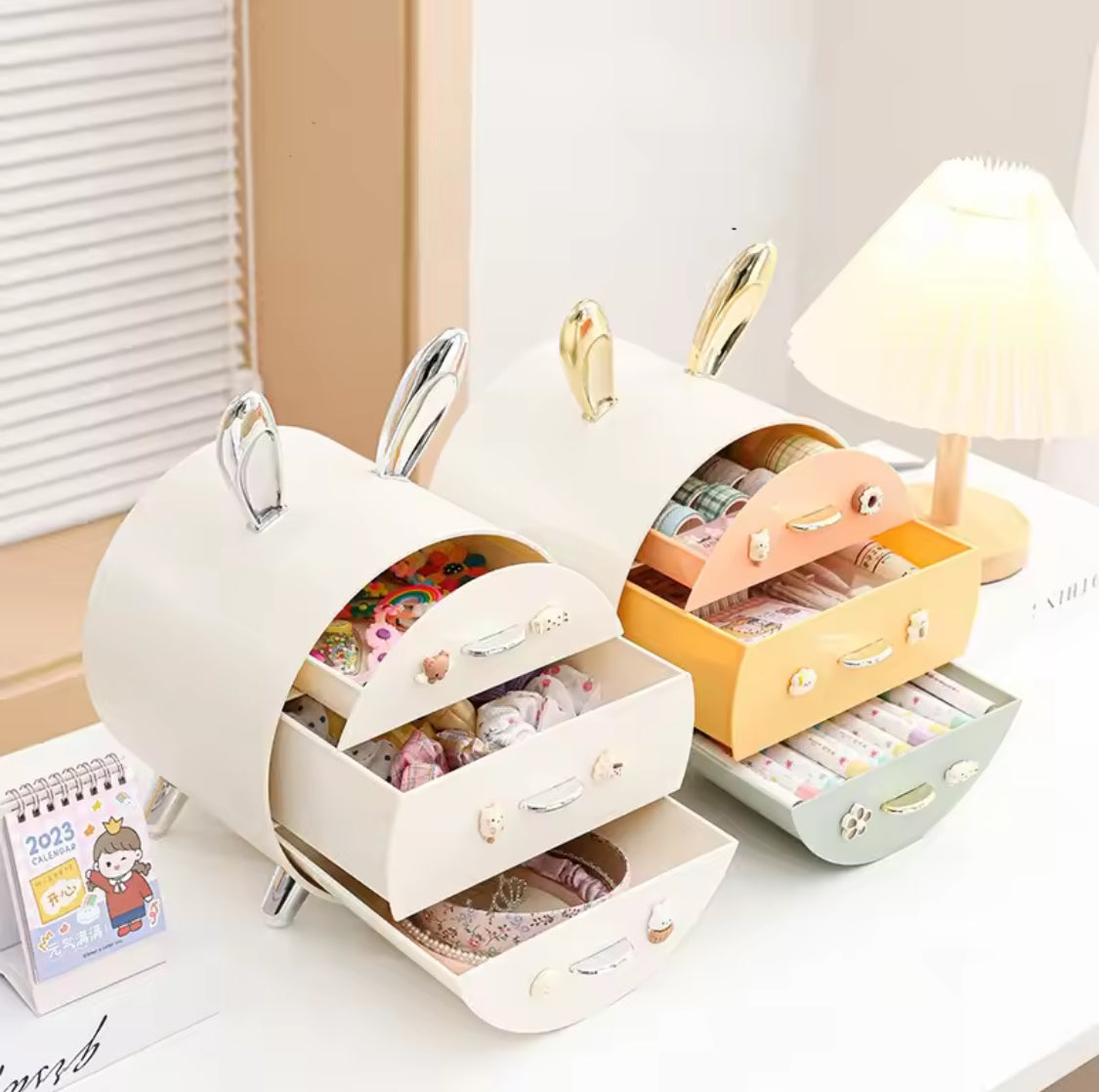 Kawai Multi Layer Desktop Storage Box, Rabbit Style Cosmetic Organizer With Drawers, Cute Countertop Kids Stationery Organizer