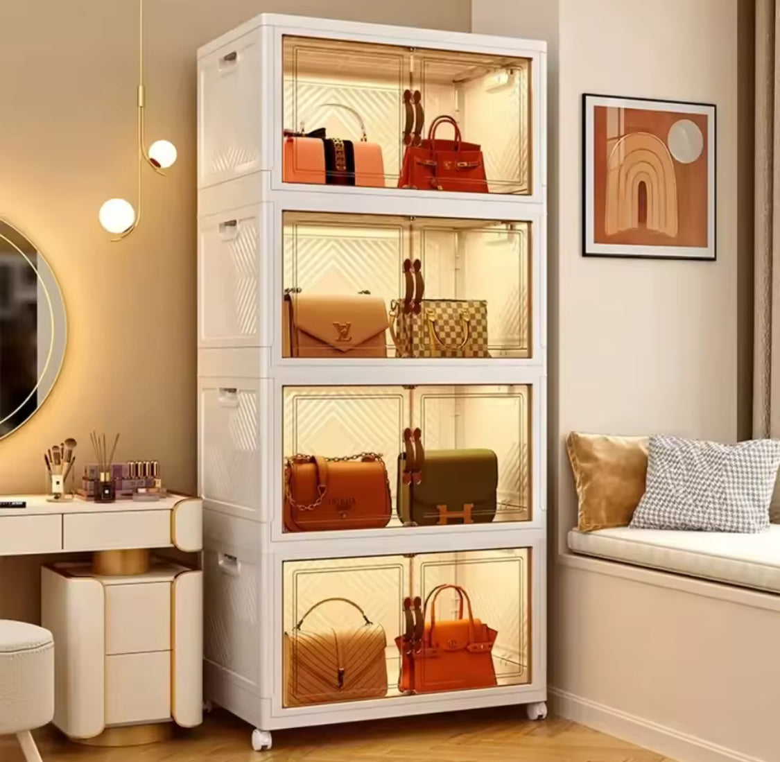 Multi Layer Foldable Storage Cabinet, Bedroom Closet Organizer With Doors, Portable Wardrobe Cabinet, Clothes Storage Organizer, No Installation Storage Cabinet, Plastic Folding Storage Cabinet