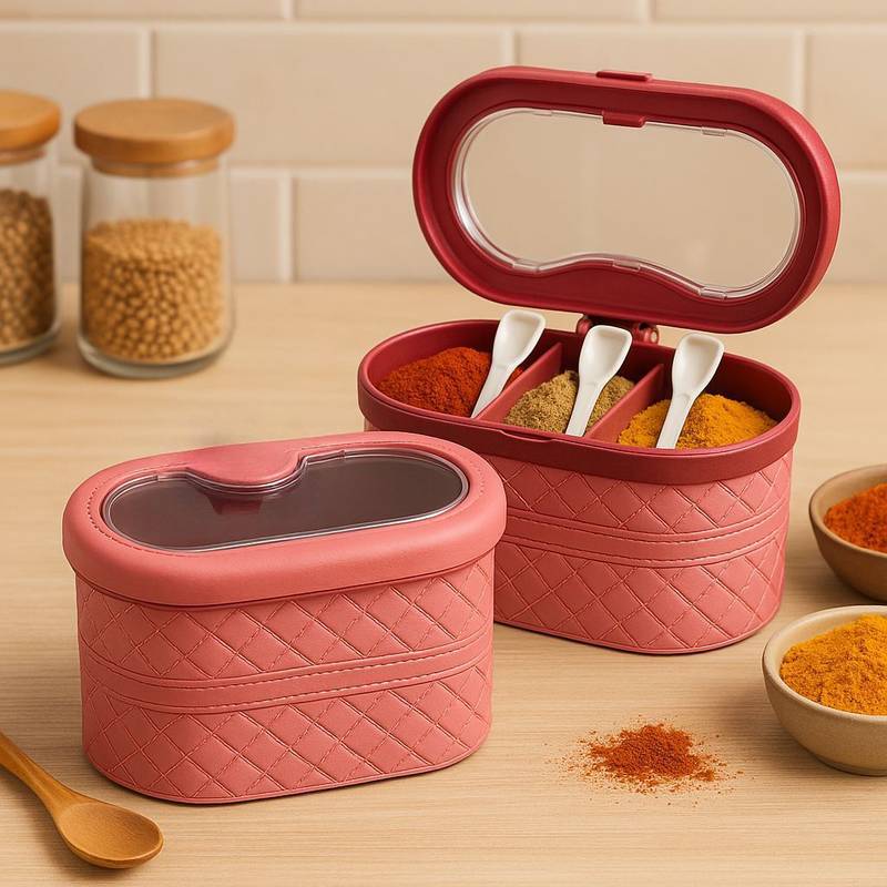 3 Compartment Spice Jar Box, Spice Organizer With Spoon, 3 Compartment Seasoning Organizer