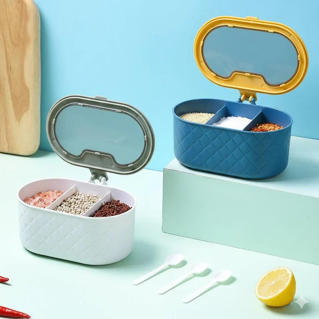 3 Compartment Spice Jar Box, Spice Organizer With Spoon, 3 Compartment Seasoning Organizer