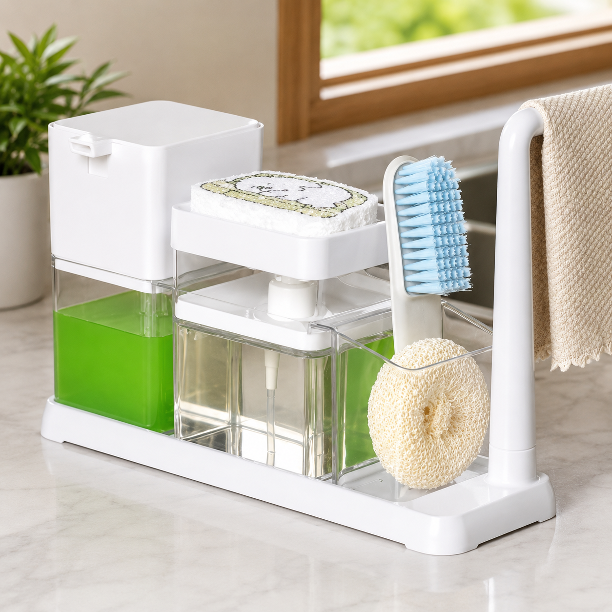 Durable Dish Soap Dispenser, Daily Wash Kitchen Caddy, Kitchen Soap Dispenser With Sponge Holder, Kitchen Countertop Soap Dispenser Rack
