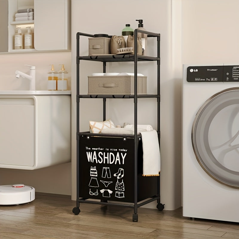 Compact Multilayers Storage Rack, Moveable Laundry Basket With Shelf, Multipurpose Organizer For Kitchen And Bathroom